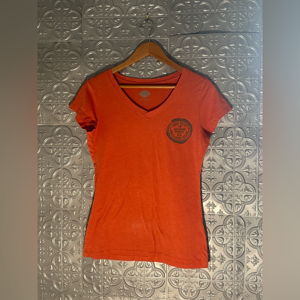 Harley Davidson orange v neck T shirt tee monogram biker size medium